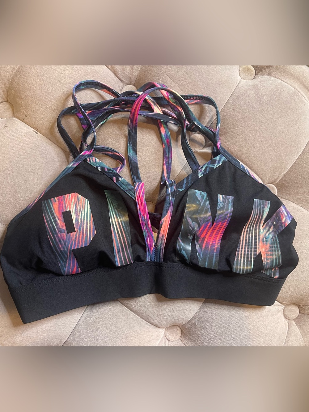 PINK Victoria's Secret Black Strappy Sports Bra with Multicolor Graphic